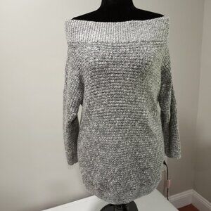 EXPRESS OFF THE SHOULDER MOTTLED GREY CHUNKY KNIT SWEATER WOMEN SIZE L